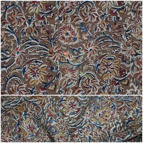 Mehendi green handloom cotton kalamkari fabric with floral motifs
