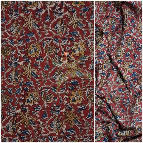 Red handloom cotton kalamkari fabric with floral motifs