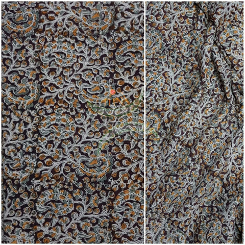Dark chocolate brown with paisley motif handloom cotton kalamkari fabric