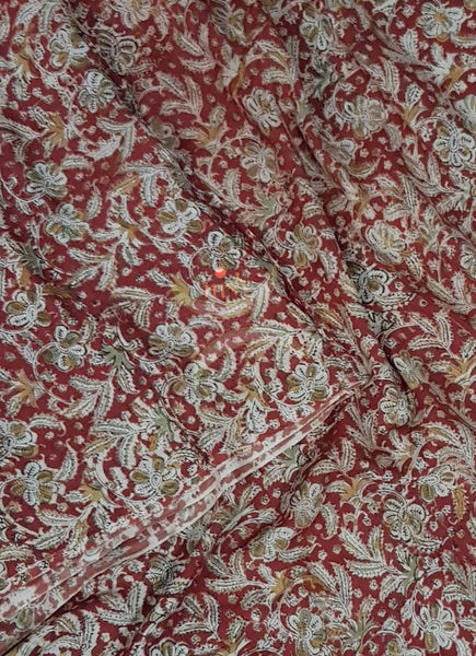 Red chennur silk kalamkari running material with floral motifs