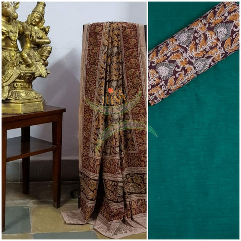 Handloom cotton Brown floral motif print kalamkari dupatta and bottom with green mangalgiri Cotton top.