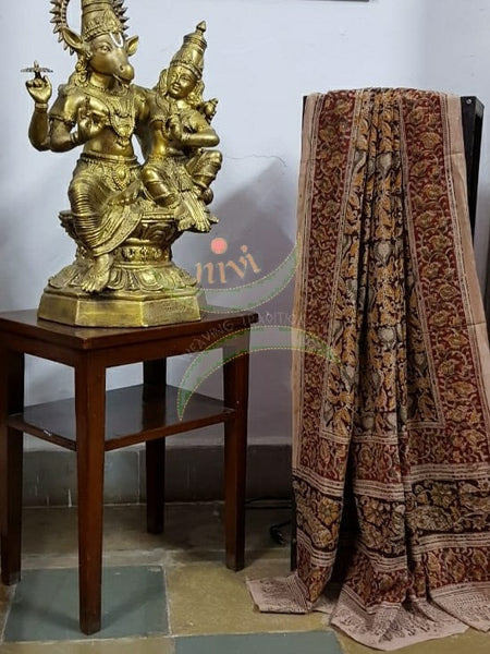 Handloom cotton Brown floral motif print kalamkari dupatta and bottom with green mangalgiri Cotton top.