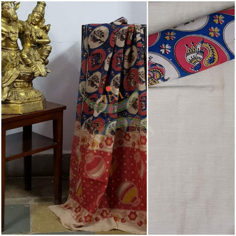 Handloom cotton blue peacock motif print kalamkari dupatta and bottom with beige mangalgiri Cotton top.