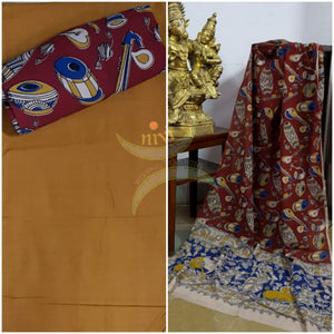 Handloom cotton maroon musical instruments motif print kalamkari dupatta and bottom with mustard mangalgiri Cotton top.