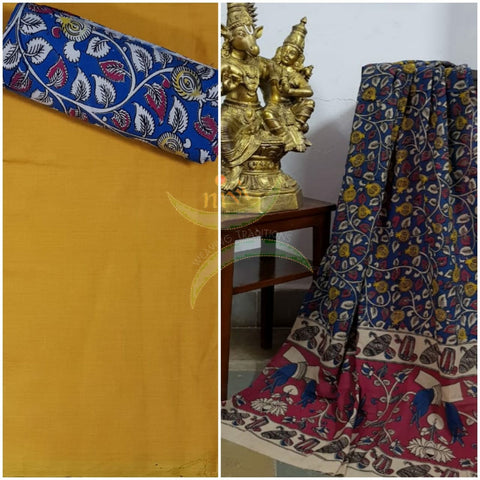 Handloom cotton blue floral motif print kalamkari dupatta and bottom with mustard yellow mangalgiri Cotton top.