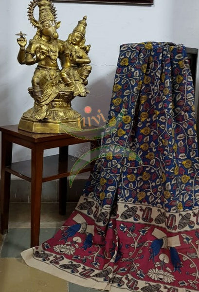 Handloom cotton blue floral motif print kalamkari dupatta and bottom with mustard yellow mangalgiri Cotton top.