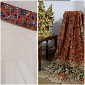 Handloom cotton orange quirky fruit motif print kalamkari dupatta and bottom with off white mangalgiri Cotton top.