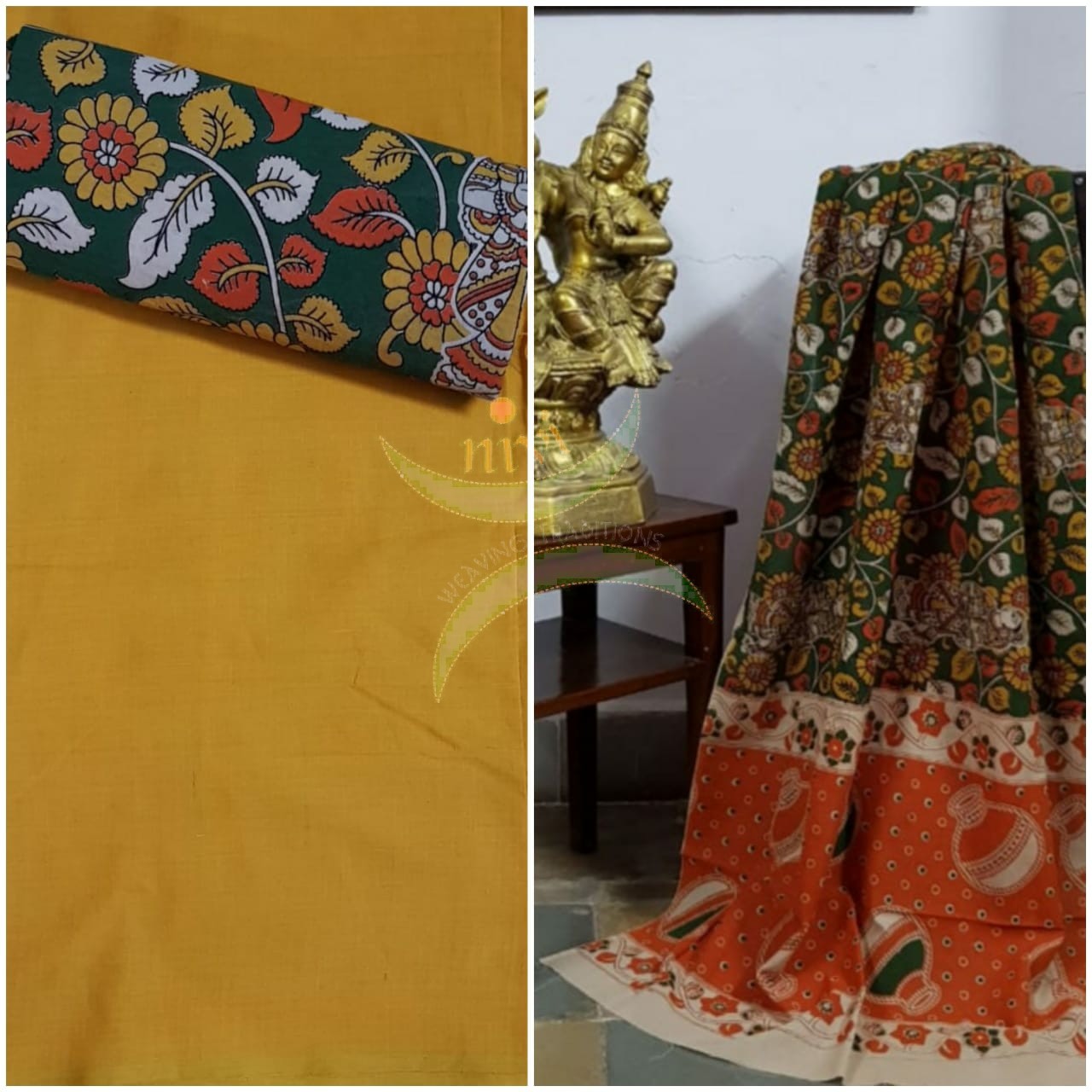 Handloom cotton green floral motif print kalamkari dupatta and bottom with mustard mangalgiri Cotton top.