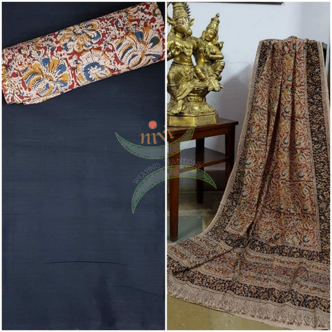 Handloom cotton maroon floral motif print kalamkari dupatta and bottom with off black mangalgiri Cotton top.