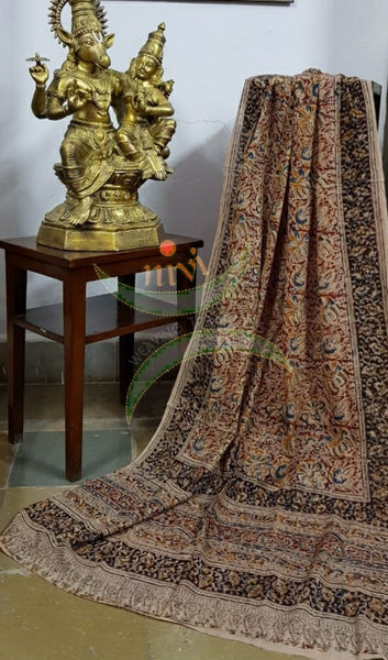 Handloom cotton maroon floral motif print kalamkari dupatta and bottom with off black mangalgiri Cotton top.