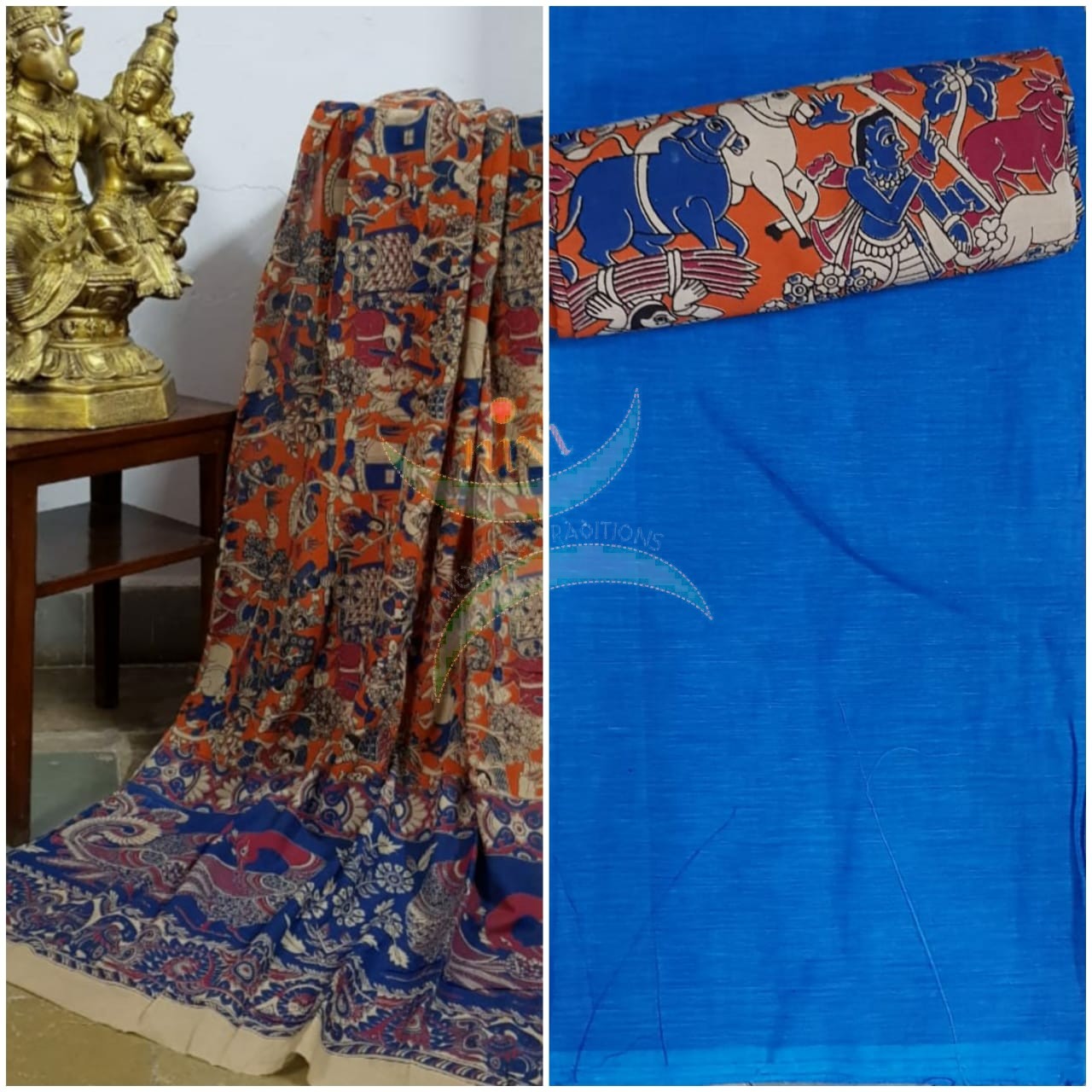 Handloom cotton orange animals and village motif print kalamkari dupatta and bottom with blue mangalgiri Cotton top.