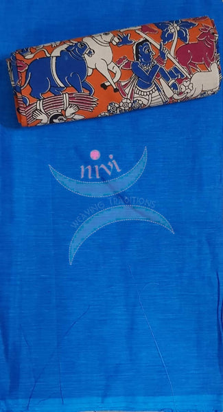 Handloom cotton orange animals and village motif print kalamkari dupatta and bottom with blue mangalgiri Cotton top.