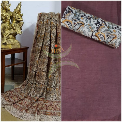Handloom cream paisley  motif print kalamkari dupatta and bottom with mauve mangalgiri Cotton top.