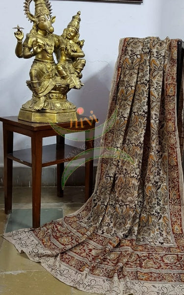 Handloom cream paisley  motif print kalamkari dupatta and bottom with mauve mangalgiri Cotton top.