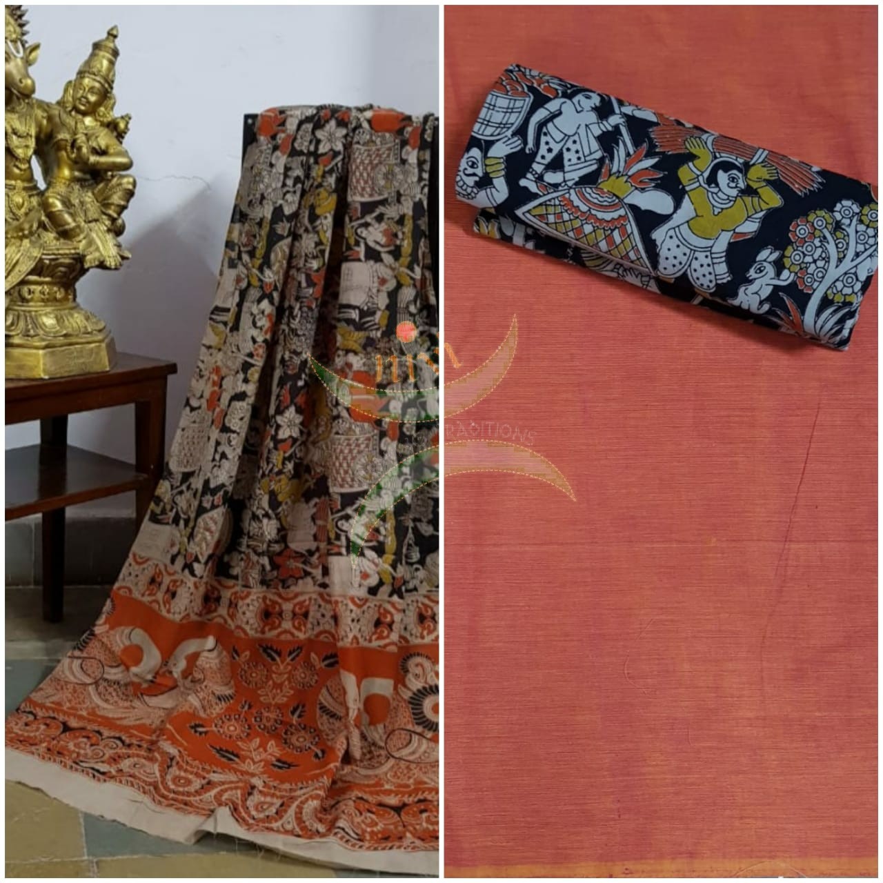 Handloom cotton black village scene motif print kalamkari dupatta and bottom with peach mangalgiri Cotton top.
