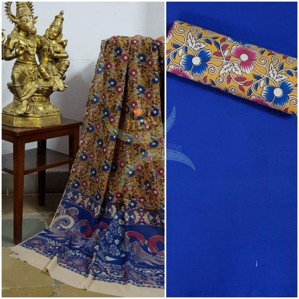 Handloom cotton mustard yellow floral motif print kalamkari dupatta and bottom with royal blue  mangalgiri Cotton top.