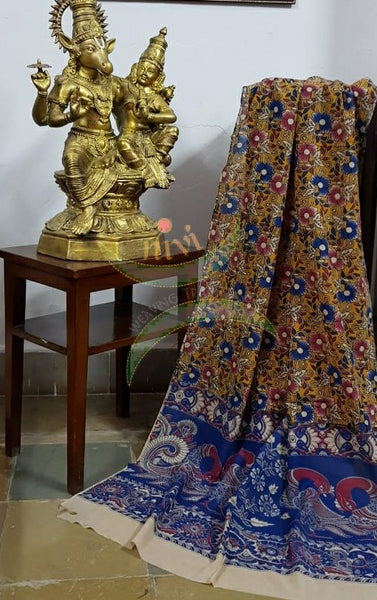 Handloom cotton mustard yellow floral motif print kalamkari dupatta and bottom with royal blue  mangalgiri Cotton top.