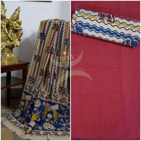 Handloom cotton off white zigzag lines and elephant motif print kalamkari dupatta and bottom with red mangalgiri Cotton top.