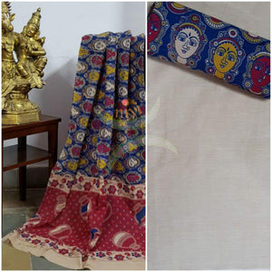 Handloom cotton blue kathakali face motif print kalamkari dupatta and bottom with beige mangalgiri Cotton top.