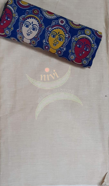 Handloom cotton blue kathakali face motif print kalamkari dupatta and bottom with beige mangalgiri Cotton top.