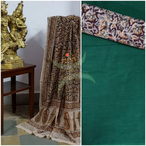 Handloom cotton brown floral motif print kalamkari dupatta and bottom with green mangalgiri Cotton top.