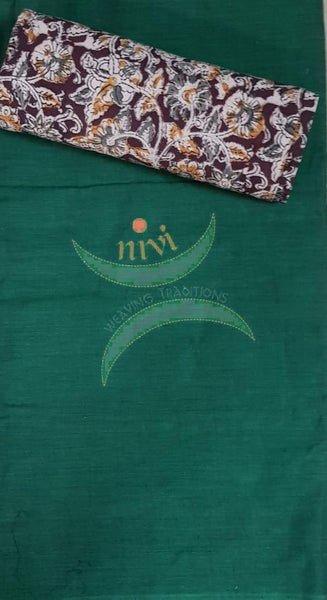 Handloom cotton brown floral motif print kalamkari dupatta and bottom with green mangalgiri Cotton top.