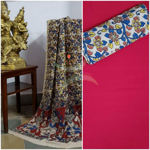 Handloom Mul cotton off white floral motif print kalamkari dupatta and bottom with reddish pink mangalgiri Cotton top.