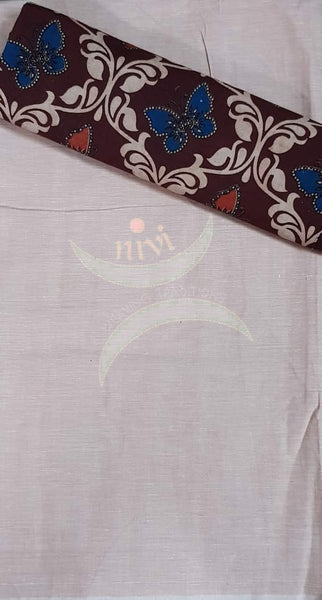Handloom Mul cotton maroon butterfly motif print kalamkari dupatta and bottom with beige mangalgiri Cotton top.