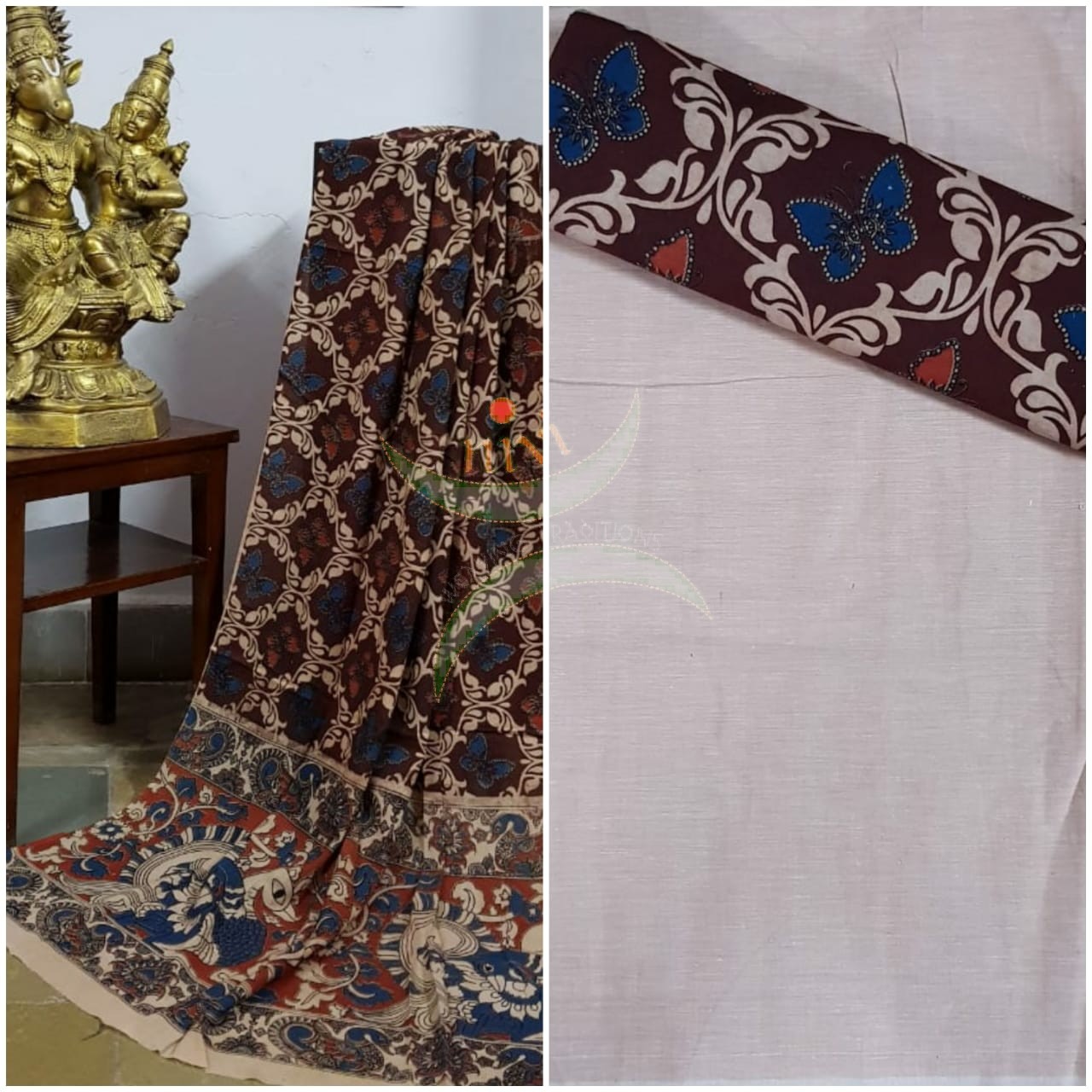 Handloom Mul cotton maroon butterfly motif print kalamkari dupatta and bottom with beige mangalgiri Cotton top.