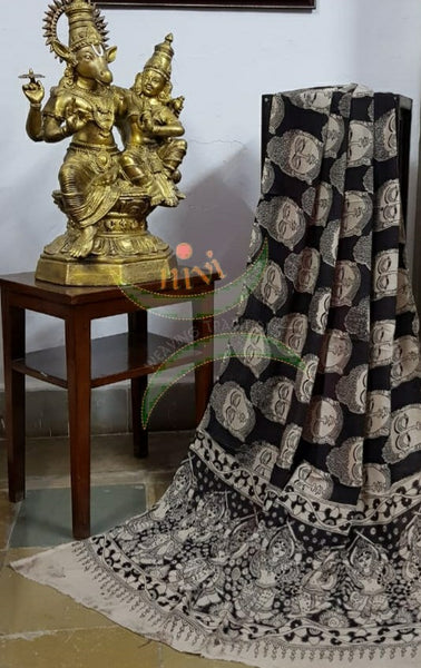 Handloom Mul cotton black buddha face motif print kalamkari dupatta and bottom with light grey mangalgiri Cotton top.