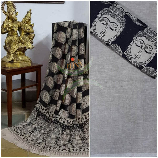 Handloom Mul cotton black buddha face motif print kalamkari dupatta and bottom with light grey mangalgiri Cotton top.