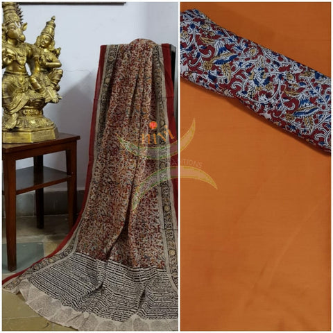 Handloom Mul cotton maroon floral motif print kalamkari dupatta and bottom with mustard orange mangalgiri Cotton top.