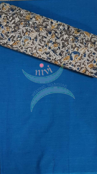 Handloom Mul cotton beige floral motif print kalamkari dupatta and bottom with blue mangalgiri Cotton top.