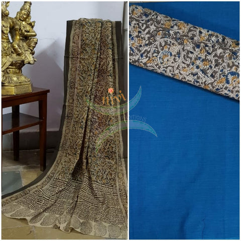 Handloom Mul cotton beige floral motif print kalamkari dupatta and bottom with blue mangalgiri Cotton top.