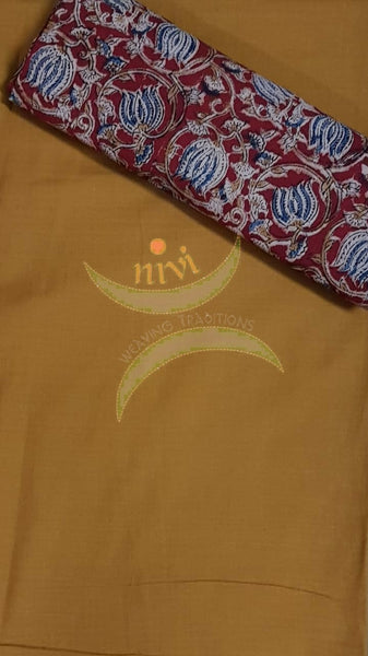 Handloom Mul cotton maroon floral motif print kalamkari dupatta and bottom mustard mangalgiri Cotton top.