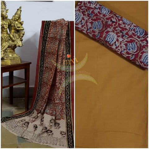 Handloom Mul cotton maroon floral motif print kalamkari dupatta and bottom mustard mangalgiri Cotton top.