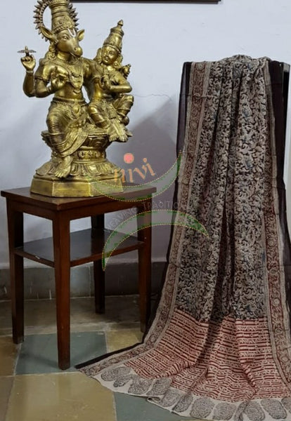 Handloom Mul cotton dark brown floral motif print kalamkari dupatta and bottom with greyish beige mangalgiri Cotton top.