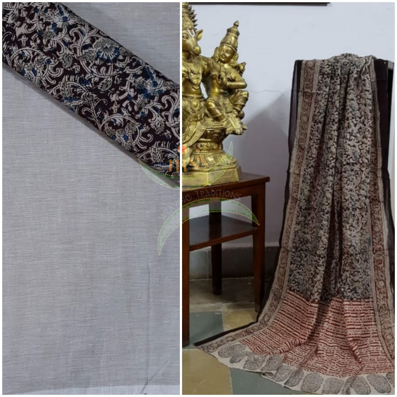 Handloom Mul cotton dark brown floral motif print kalamkari dupatta and bottom with greyish beige mangalgiri Cotton top.