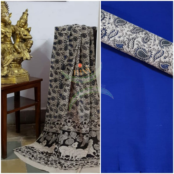 Handloom Mul cotton off white paisley motif print kalamkari dupatta and bottom with royal blue mangalgiri Cotton top.
