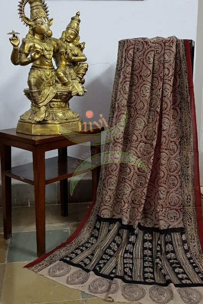 Handloom Mul cotton maroon floral motif print kalamkari dupatta and bottom with mustard mangalgiri Cotton top.