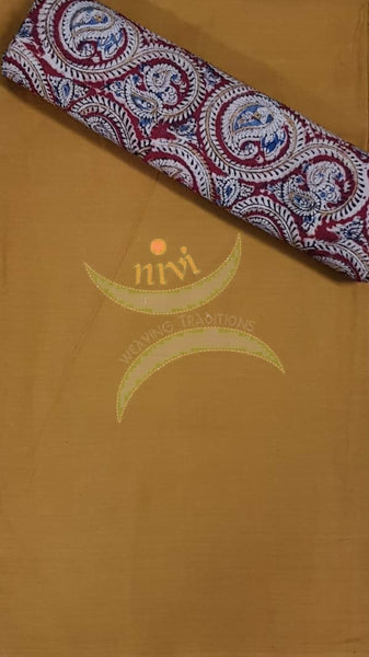 Handloom Mul cotton maroon floral motif print kalamkari dupatta and bottom with mustard mangalgiri Cotton top.