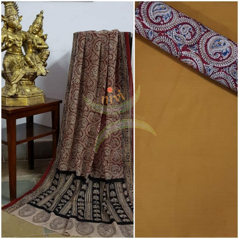 Handloom Mul cotton maroon floral motif print kalamkari dupatta and bottom with mustard mangalgiri Cotton top.