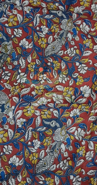 Red chennur silk kalamkari running material with peacock and floral motifs