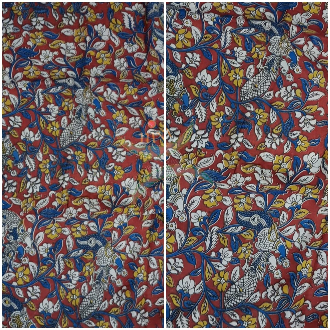 Red chennur silk kalamkari running material with peacock and floral motifs