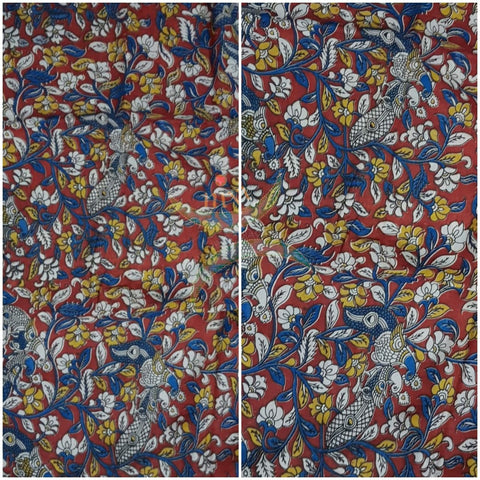 Red chennur silk kalamkari running material with peacock and floral motifs