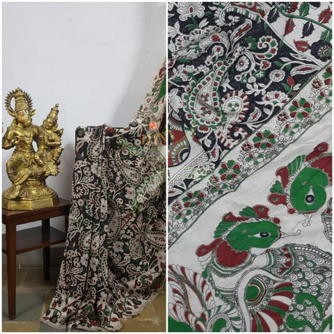 Off white handloom chennur silk kalamkari with paisley motif on body and  peacock motif on pallu. Saree comes with kalamkari printed blouse piece.