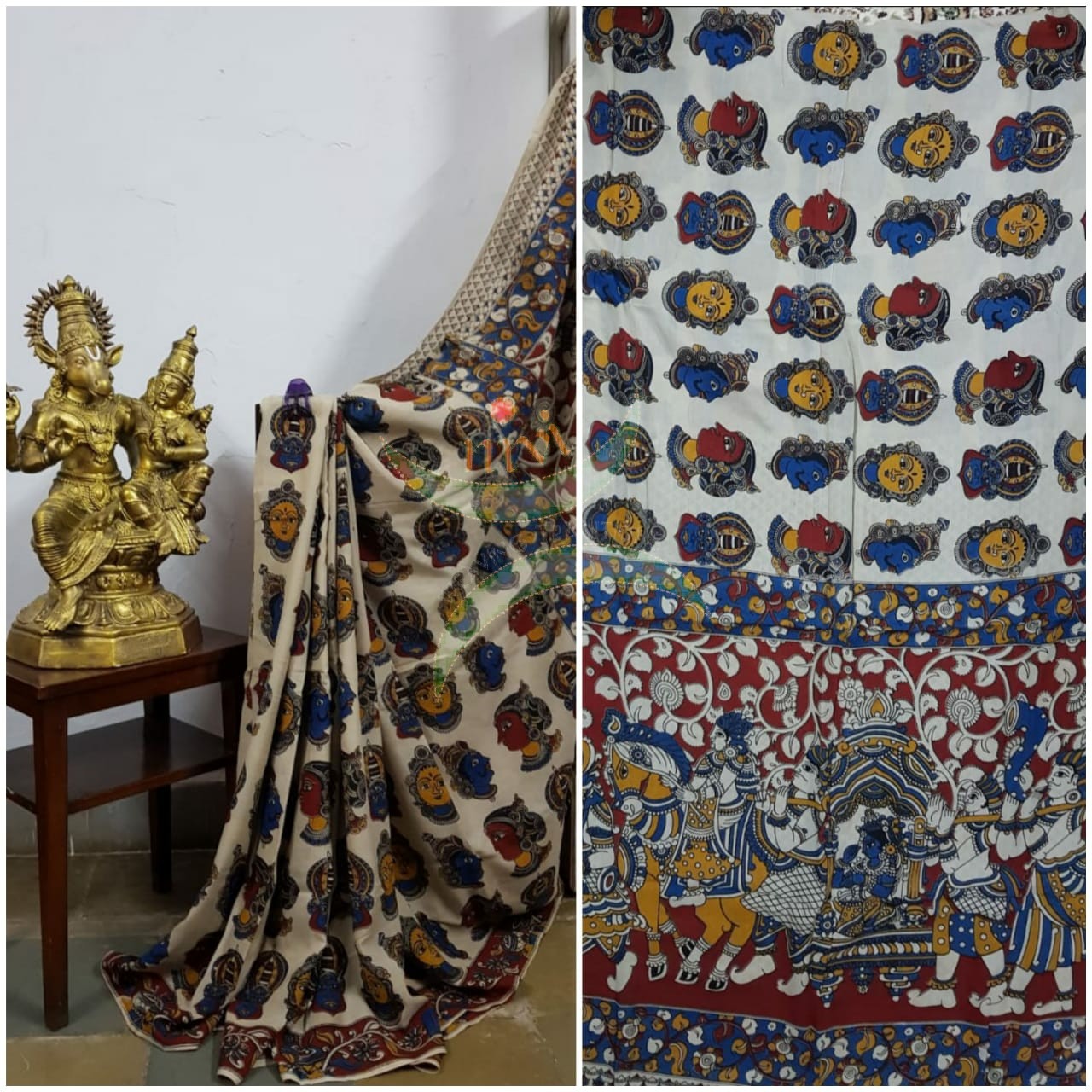 Off white handloom chennur silk kalamkari with khatak kali faces motif on body and marriage procession scene motif on pallu. Saree comes with kalamkari printed blouse piece.