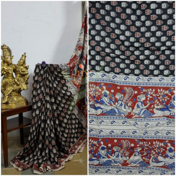 Black handloom chennur silk kalamkari with Buddha face motif on body and mythological human motif on pallu. The Saree comes with kalamkari printed blouse piece.