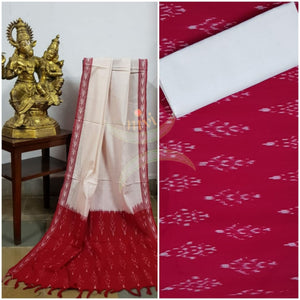Red and off white combination handloom pochampalli ikat cotton 3 piece suit set