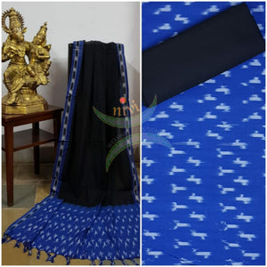 Blue and black combination handloom pochampalli ikat cotton 3 piece suit set